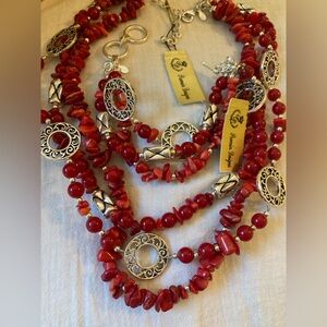 Premier‎ Designs Multi Strands Red & Silver Stone Necklace & Bracelet Set